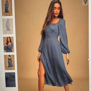 Blue Smocked Long Sleeve Midi Dress